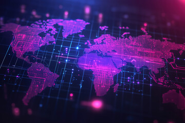 A futuristic topographic world map, featuring neon-glowing contour lines. The background is dark.