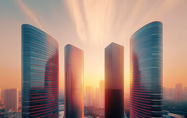 Naklejka na ściany i meble Modern City, financial Downtown, business centre with skyscrapers and office buildings at sunset