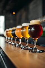 Beer mugs of different colors with foam arranged in a row on a bar table