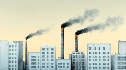 Fototapeta premium Modern dull city covered with pollution and smoke from industrial pipes, environment and ecology