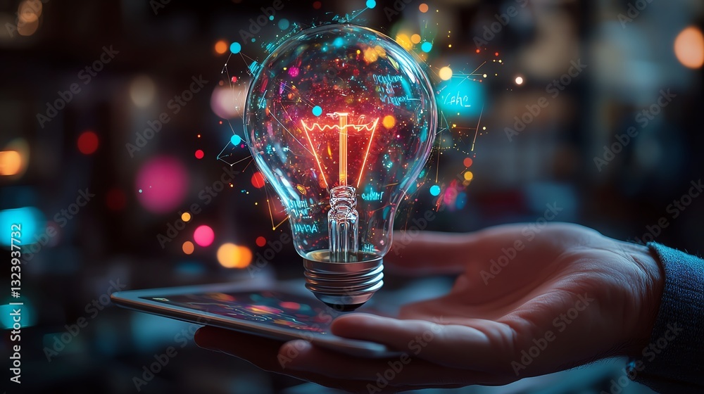 Poster glowing lightbulb with business strategy sketches hovering over a hand holding a tablet, futuristic 
