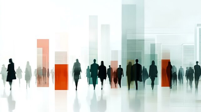 Contemporary postmodernism photo of silhouettes walking people in city, fast pace motion blur