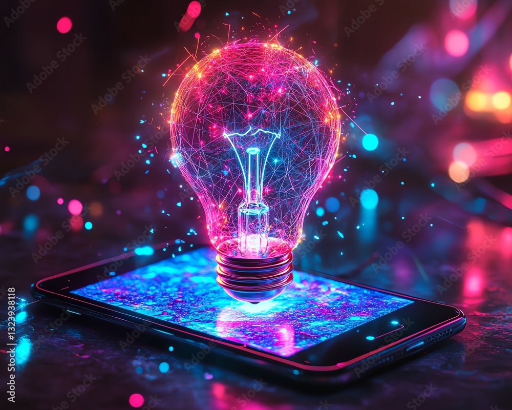 Aufkleber holographic projection of a light bulb floating above a smartphone