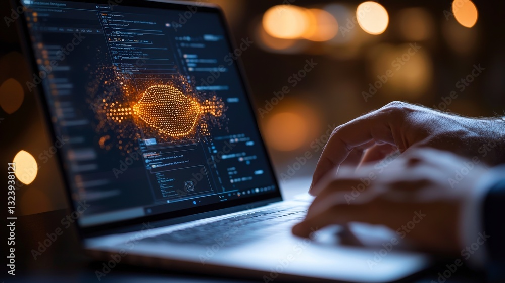 Poster dynamic digital interface with glowing visualizations and hands typing on laptop in a modern workspa