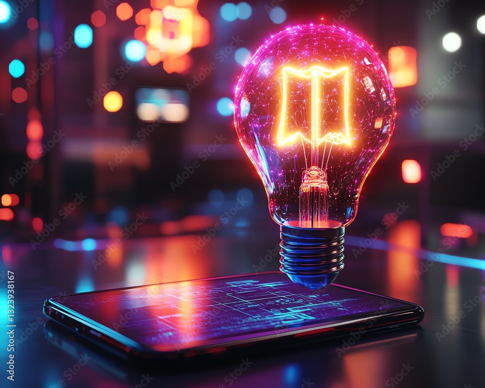 Aufkleber holographic projection of a light bulb floating above a smartphone