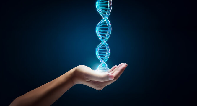Hand gently holds a luminous digital DNA double helix floating above palm against a dark gradient background.