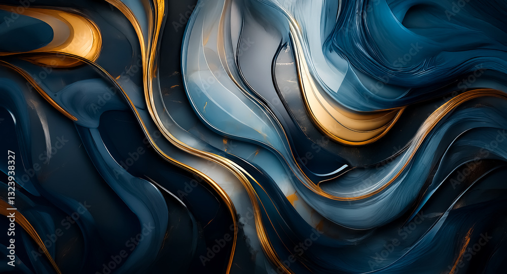 Leinwandbilder abstract flowing waves of blue and gold create dynamic, luxurious texture. smooth curves and contras