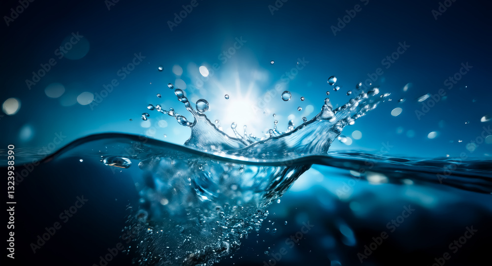 Fototapete A dynamic water surface with a splash is brightly illuminated by sunlight, creating a bokeh effect in the deep blue background, evoking a sense of refreshing energy and movement.