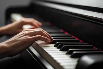 Obraz premium Close up of hands playing piano in a minimalist setting with elegant design and soft lighting