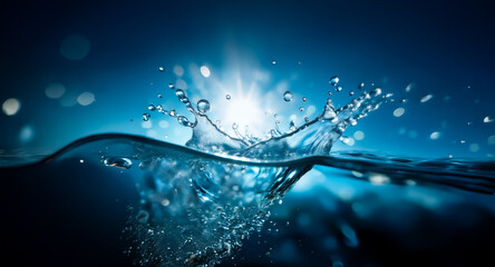 A dynamic water surface with a splash is brightly illuminated by sunlight, creating a bokeh effect in the deep blue background, evoking a sense of refreshing energy and movement.