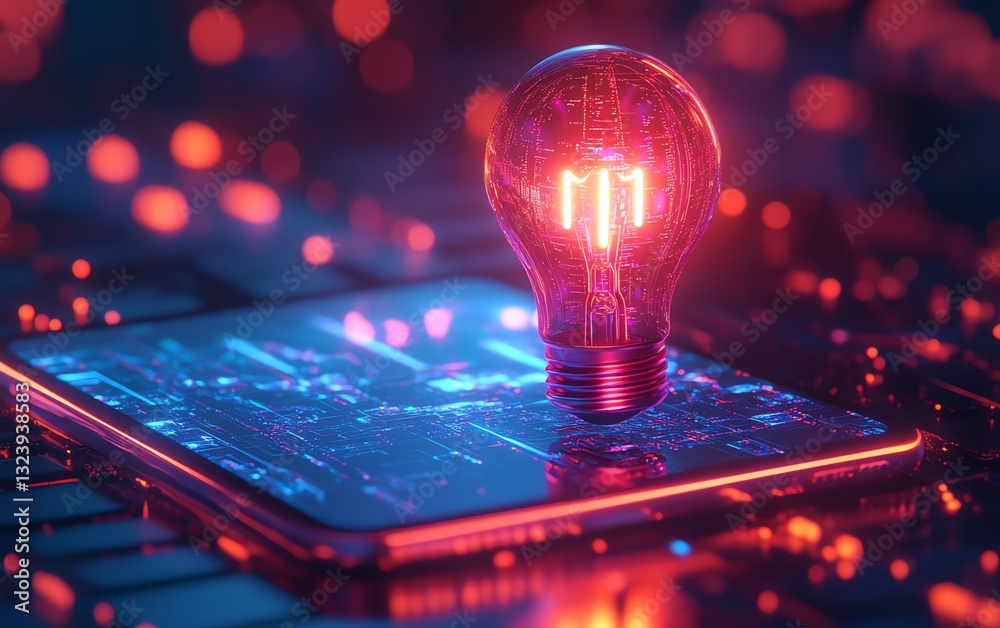 Poster abstract 3d holographic light bulb emerging from a smartphone, modern workspace, hightech visualizat