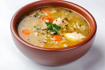 Delicious bowl of chicken and rice soup served in a traditional wooden bowl