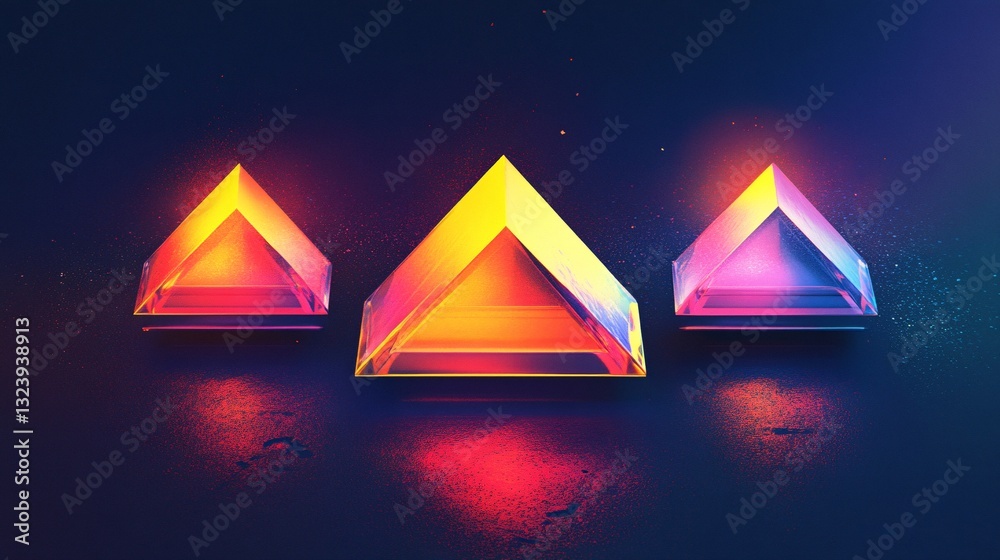 Poster Three glowing triangular prisms creating vibrant light patterns
