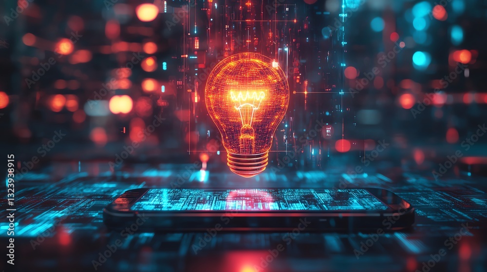 Poster abstract light bulb hologram floating over a smartphone, digital data streams, cyberpunkinspired neo