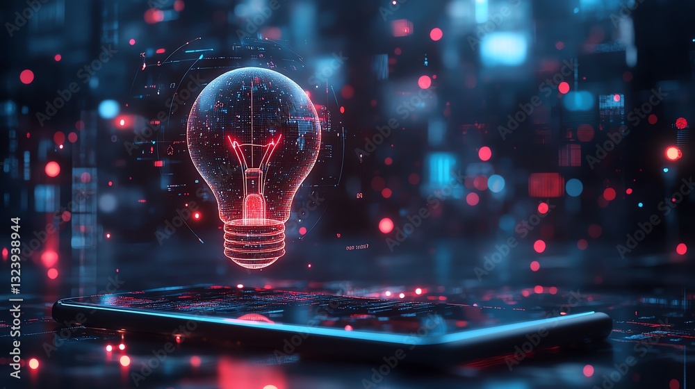 Leinwandbilder abstract light bulb hologram floating over a smartphone, digital data streams, cyberpunkinspired neo