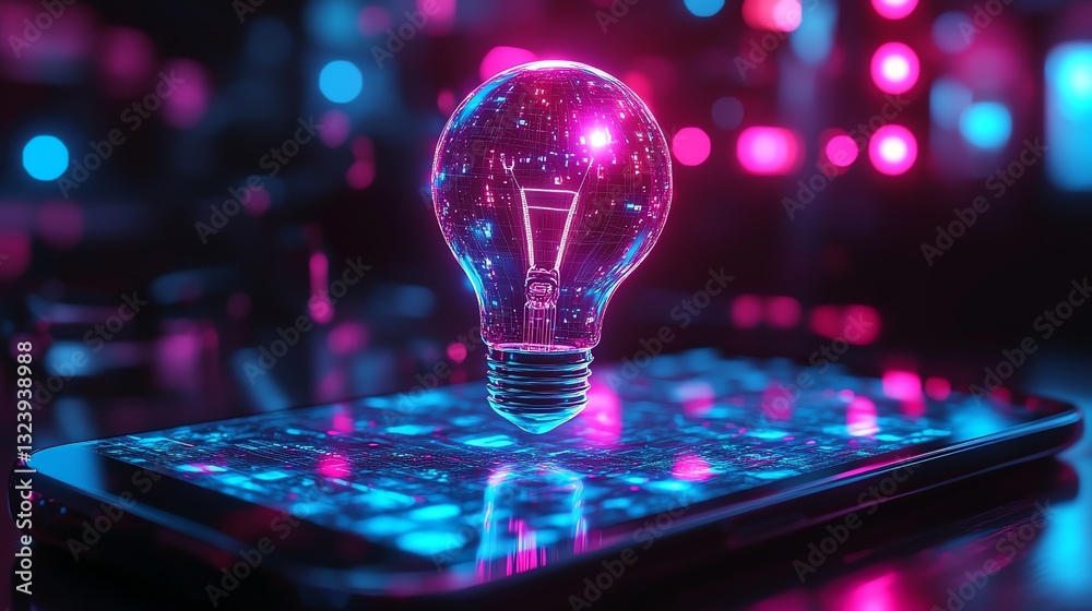 Leinwandbilder abstract light bulb hologram floating over a smartphone, digital data streams, cyberpunkinspired neo