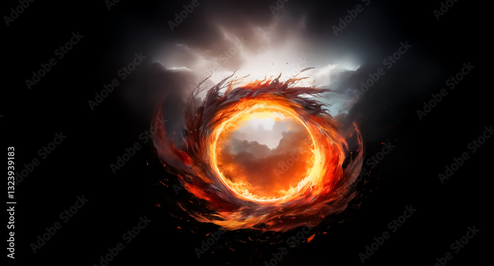 Poster a fiery vortex swirls amidst dark and stormy clouds, illuminated by a bright light source behind, cr