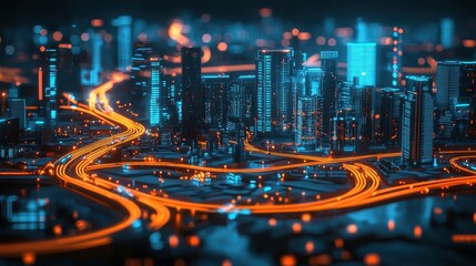 Fototapeta premium Stunning nighttime cityscape featuring a dazzling array of skyscrapers illuminated roads and a bustling urban infrastructure