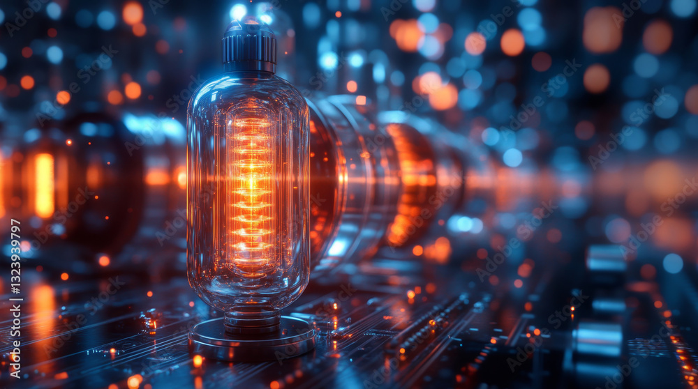 Fototapete Visual representation of quantum computing elements showing a vacuum tube glowing with orange light, symbolizing superposition and entanglement in data processing algorithms at a futuristic setting.