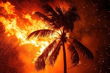 dramatic night shot of a palm tree silhouette engulfed in fierce orange flames against dark sky, embers flying as fire consumes fronds in spectacular display of destructive natural power
