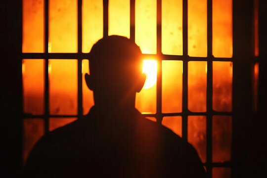 dramatic silhouette of a prisoner gazing through cell bars at a blazing orange sunset, creating stark contrast between confinement and freedom's glow, evoking powerful emotions of longing and hope