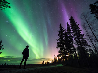 Fototapeta premium Awe-Inspired Stargazer Under the Northern Lights