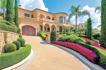 Obraz premium Beautiful luxurious house with landscaped grounds and driveway