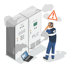 Smart Factory Automation Error Electrical Control Panel Overheating with Technician Troubleshooting System Failure, Isometric Isolated © AllahFoto