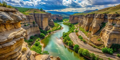 Fototapeta premium Canyon Rock Formation Scenic View, winding creek, Italian countryside