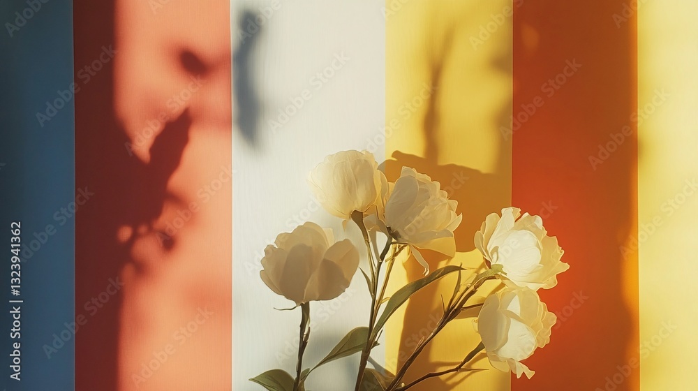 Poster white peonies casting shadows on colorful background