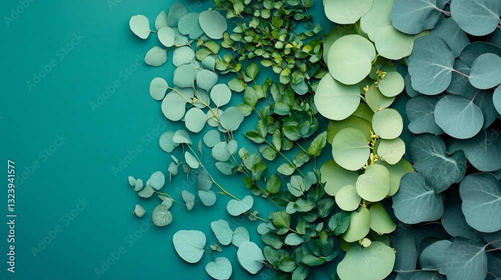 Aufkleber Eucalyptus and ruscus leaves arranged on teal background creating a gradient effect