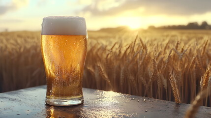  beer mug filled to the brim with lots of foam splashes in a wheat field
