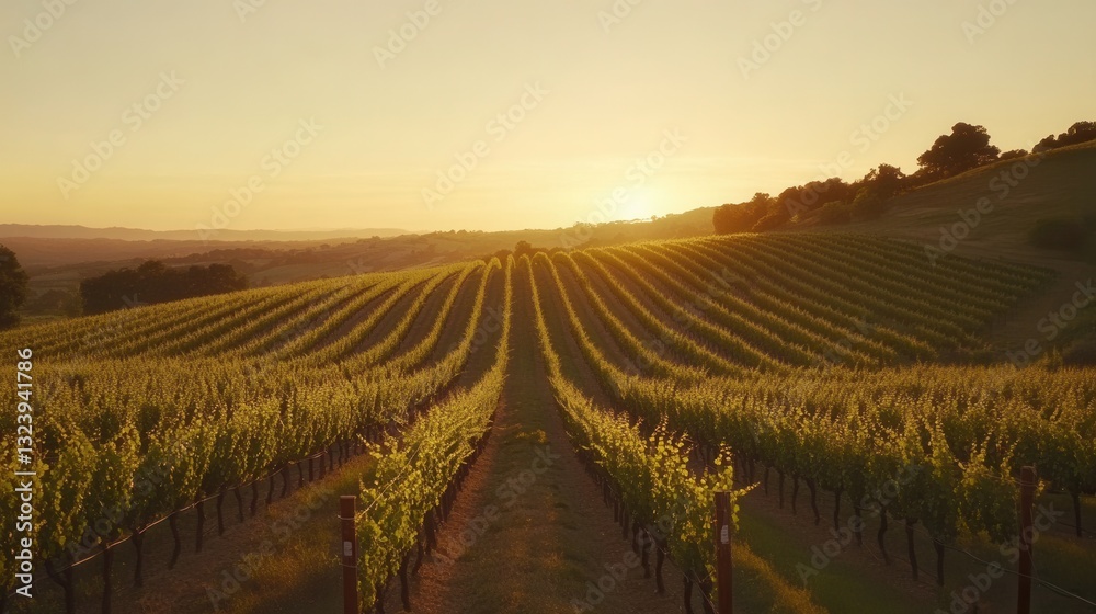 Poster vineyard lush and vibrant at sunset with rows of vines stretching towards the horizon