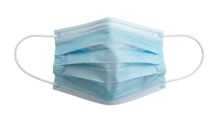 Clean blue surgical mask with ear loops on a white background