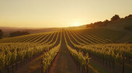 Fototapeta premium Vineyard lush and vibrant at sunset with rows of vines stretching towards the horizon