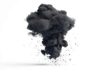 Explosive black smoke plume rising upward in a clearing with debris scattering below