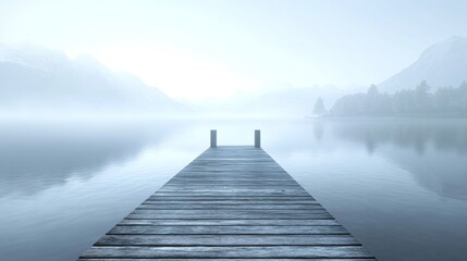 Obraz premium Tranquil Wooden Pier Overlooking Serene Lake Amidst Majestic Mountains