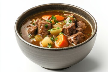 Hearty beef stew with vegetables served in a rustic bowl