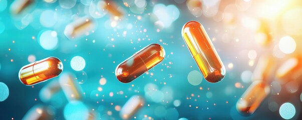 Glowing Capsules Floating in a Bright Blue Background with Bokeh Effect and Light Flare