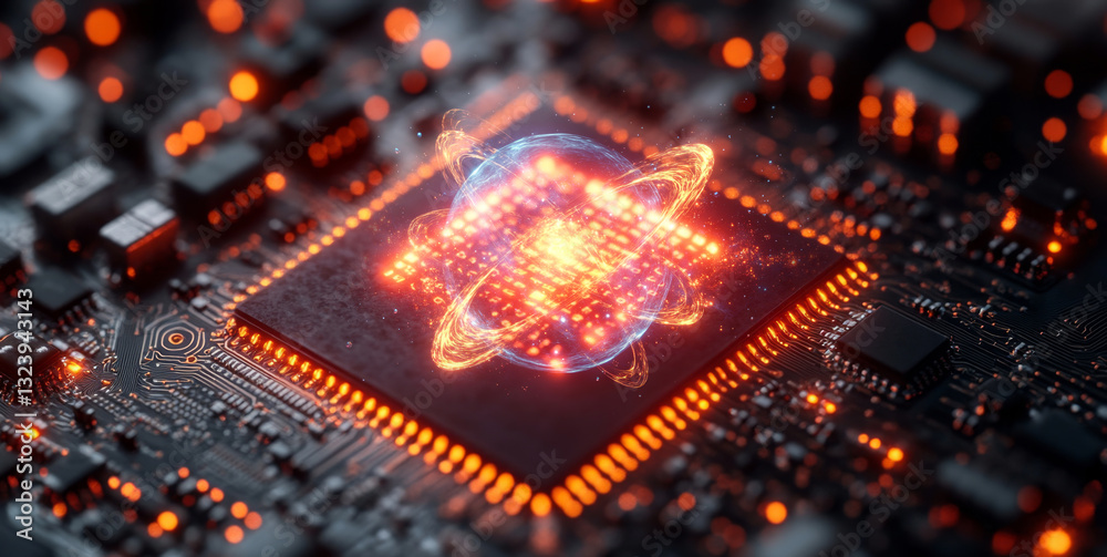 Poster A detail-rich quantum computing chip features vibrant glowing qubits connecting in superposition and entanglement.