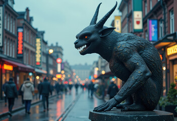 A striking black statue of a horned creature sits in a bustling street