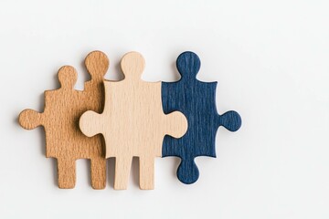 Three wooden puzzle pieces in warm colors representing connection and teamwork, ideal for concepts of collaboration, teamwork, and problem solving
