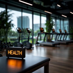 Modern Fitness Center with Health Sign on Table and Treadmills in Background Surrounded by Indoor Plants and Large Windows