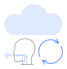Diagram showing human breathing mechanics with airflow arrows, circular motion, and cloud. Ideal for environment, health, respiration, climate, ecology sustainability education. Flat simple