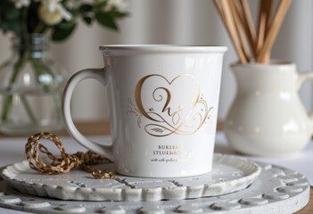 Elegant white mug with gold design, perfect for coffee or tea lovers