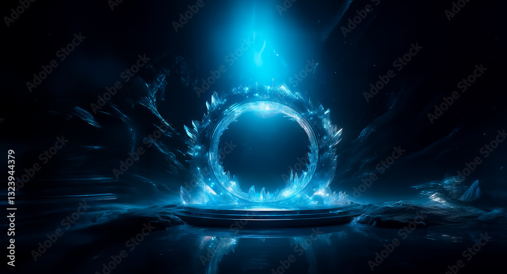 Poster a radiant blue portal emits light in a dark, ethereal space, resembling a gateway to another dimensi