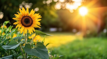 Obraz premium Single Bright Sunflower in a Field with Warm Sunlight Background