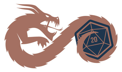 Vector stylized brown dragon curled into an infinity shape surrounds a blue 20-sided die (d20) with the number 20. A simple illustration for role-playing and fantasy games.
