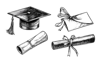 Graduation hat and diploma set with bow, black and white, vector, linear icons set.