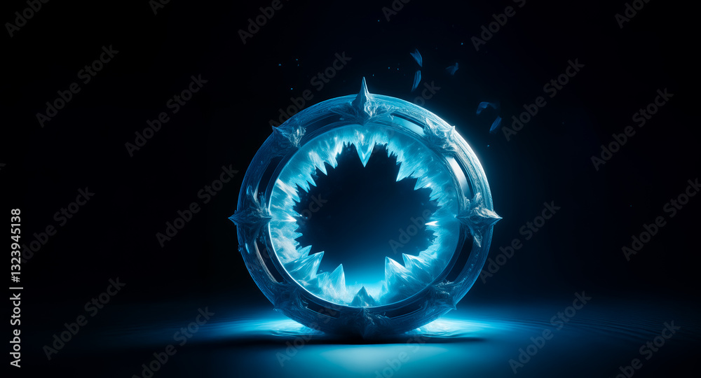 Poster circular glowing blue portal with spiky border emits a soft light in darkness. a magical gateway or 